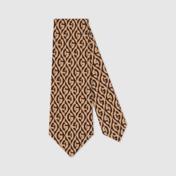 Gucci GG Rhombus Print Silk Tie In Brown - Picture 1 of 5